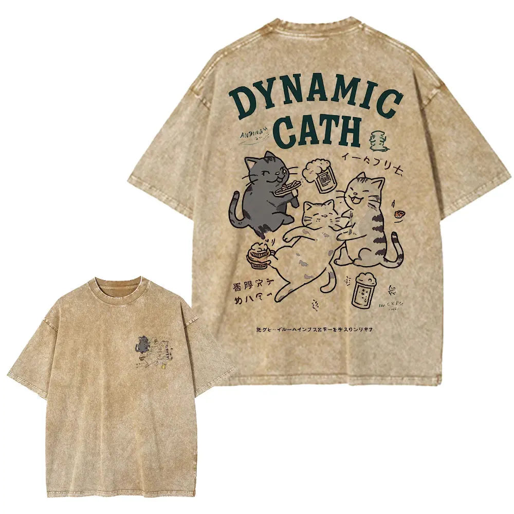 Japanese Cat Cartoon Graphic Baggy T-Shirt Men Streetwear by Vimost Shop
