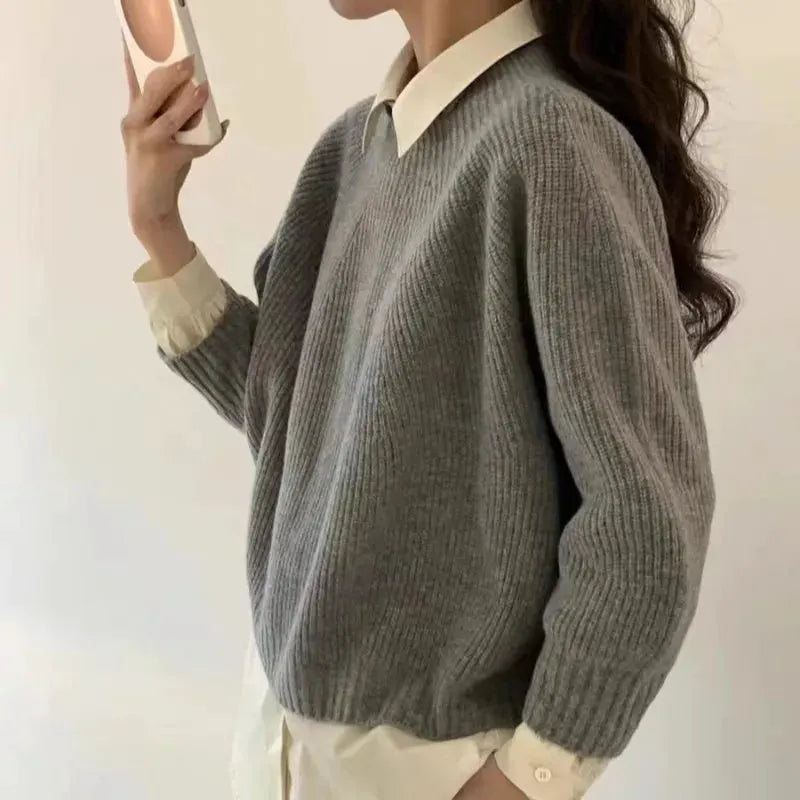 Half-open high-neck three-quarter sleeve cashmere sweater women loose cashmere sweater for autumn and winter thickened sweater by Vimost Shop