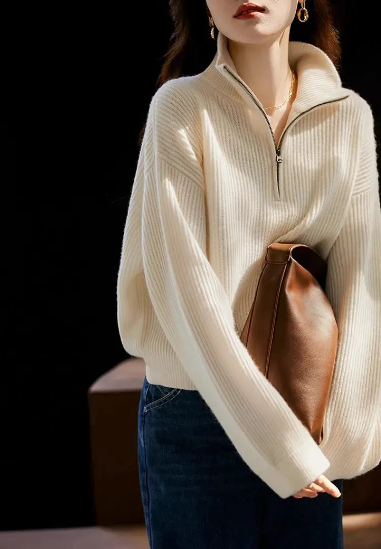 100% pure cashmere sweater women's half zip stand collar thick loose lapel pullover sweater by Vimost Shop