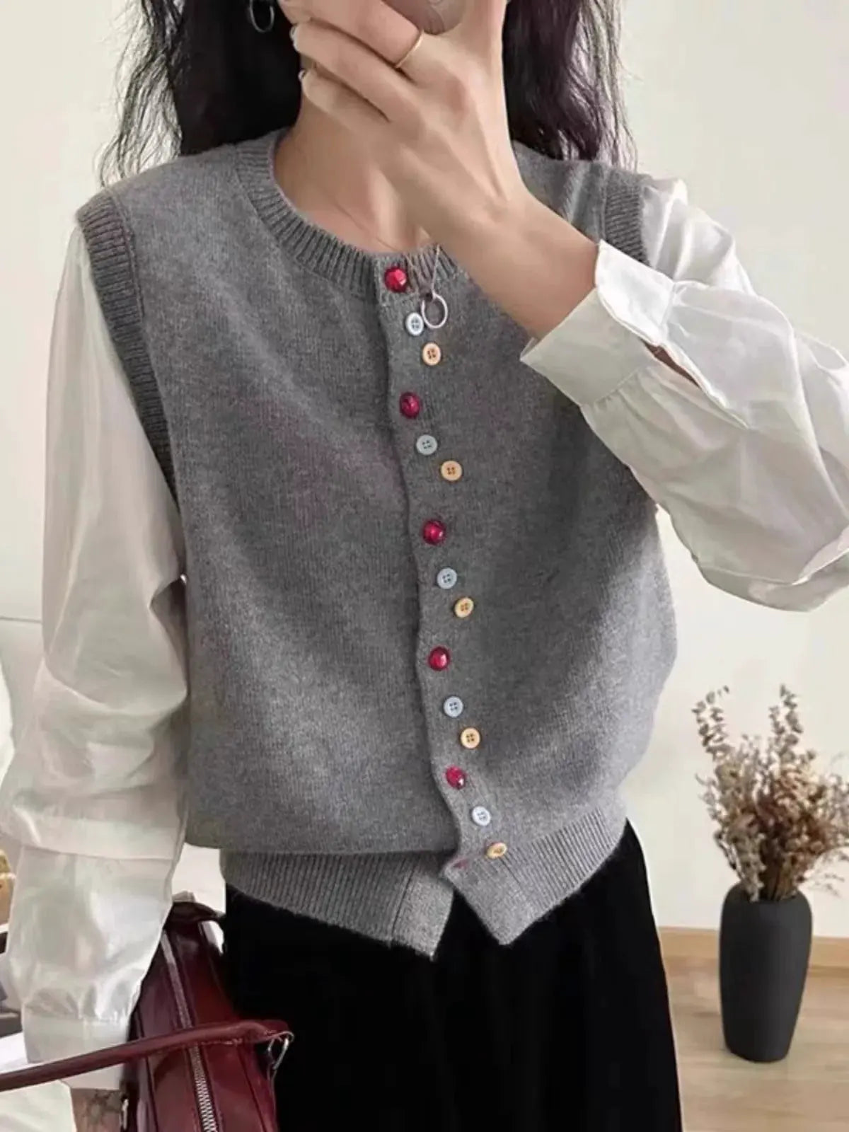European goods color button cashmere knit vest cardigan women spring and autumn new round neck sleeveless sweater vest by Vimost Shop