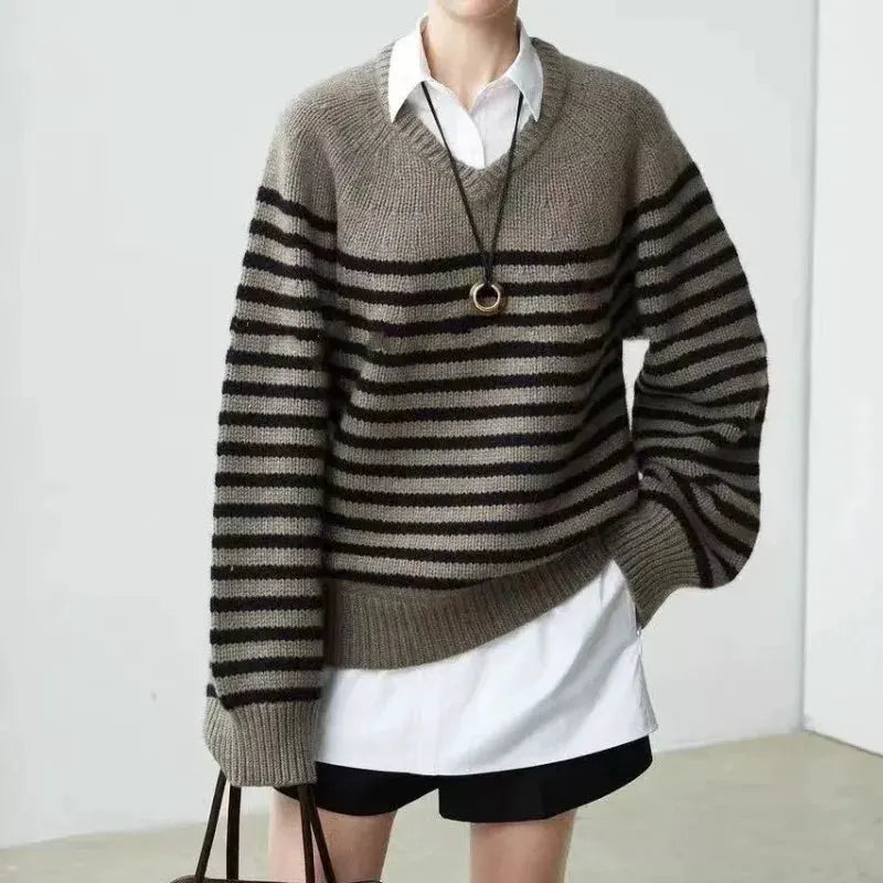 High-end V-neck striped 100% wool knitted sweater loose pullover sweater women wool base layer by Vimost Shop