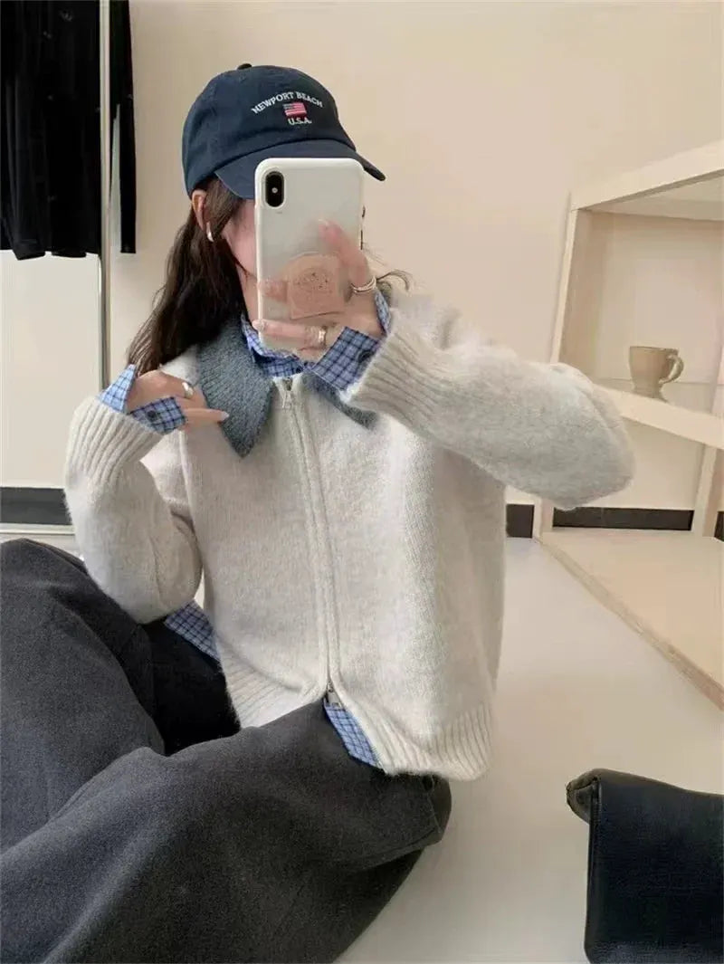 Color-blocked lapel 100% cashmere cardigan women's knitted sweater Loose sweater Wool sweater coat by Vimost Shop