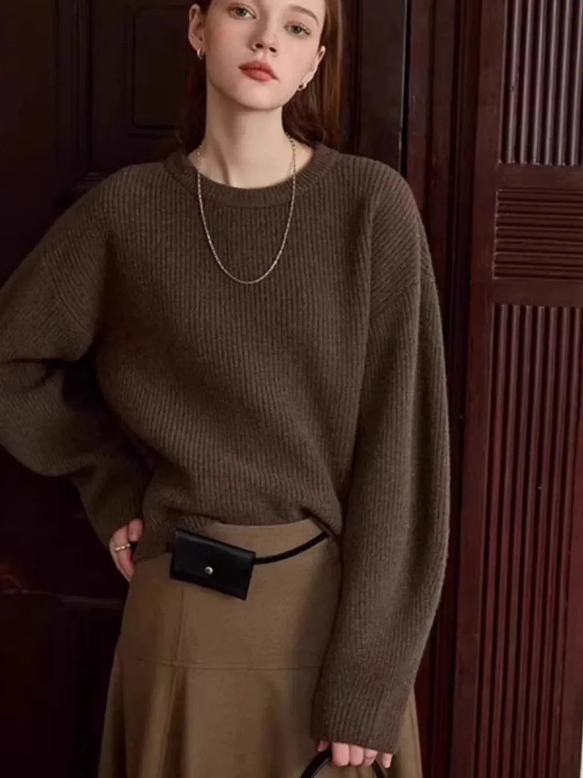 Vintage thick cashmere knitwear women's fall/winter loose shoulder crew neck sweater base sweater by Vimost Shop