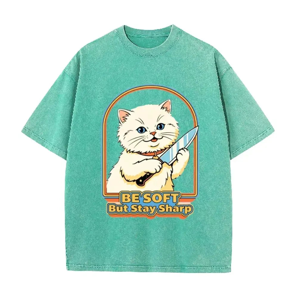 Vintage Washed Purple Be Soft But Stay Sharp Knife Cat Retro Casual Graphic T Shirt by Vimost Shop