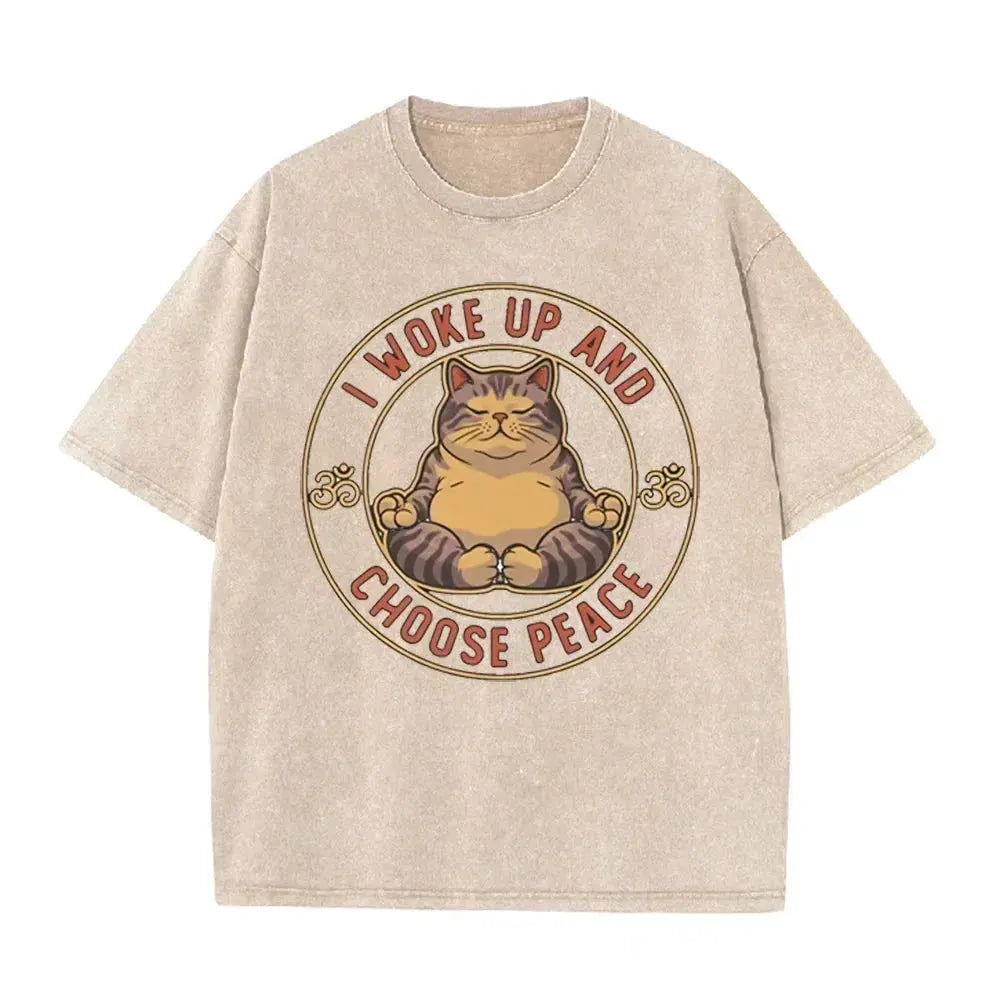 Retro Beige Zen Yoga Tabby Cat Om Symbol Acid Wash Oversized Streetwear Tee by Vimost Shop