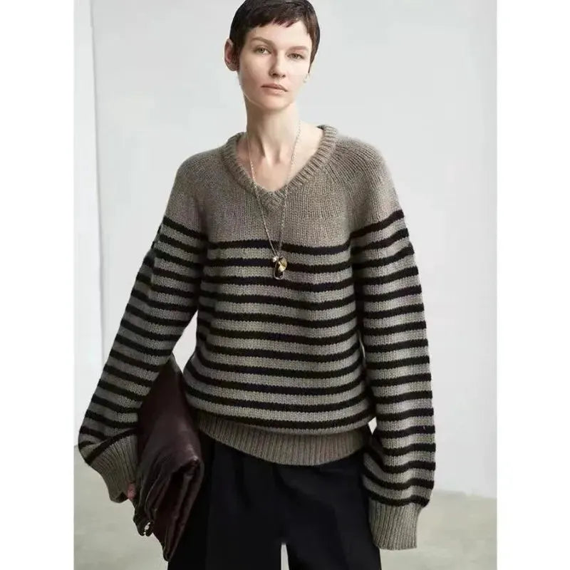 High-end V-neck striped 100% wool knitted sweater loose pullover sweater women wool base layer by Vimost Shop