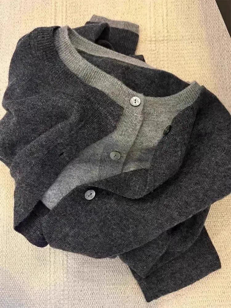 Fake two 100% pure cashmere sweater cardigan dark grey high-grade wool knit coat top by Vimost Shop
