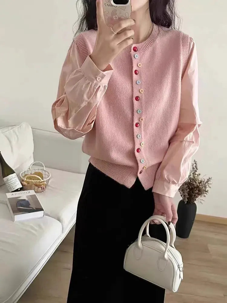 European goods color button cashmere knit vest cardigan women spring and autumn new round neck sleeveless sweater vest by Vimost Shop
