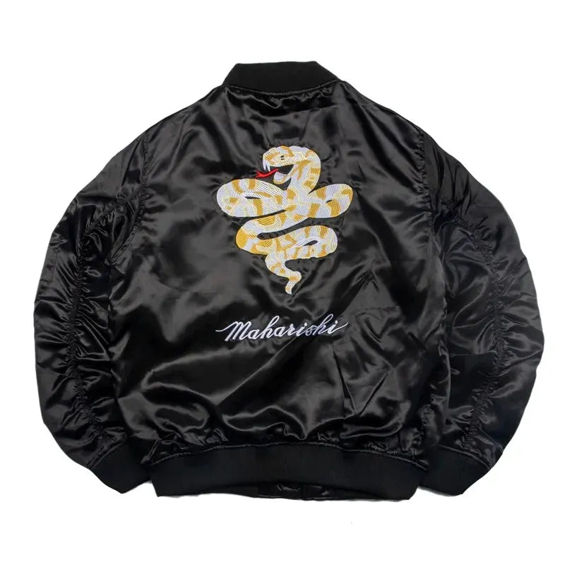 Zip Up Snack Back Embroidered Casual Loose Style Crew Neck Satin Bomber Jacket for Men Women by Vimost Shop