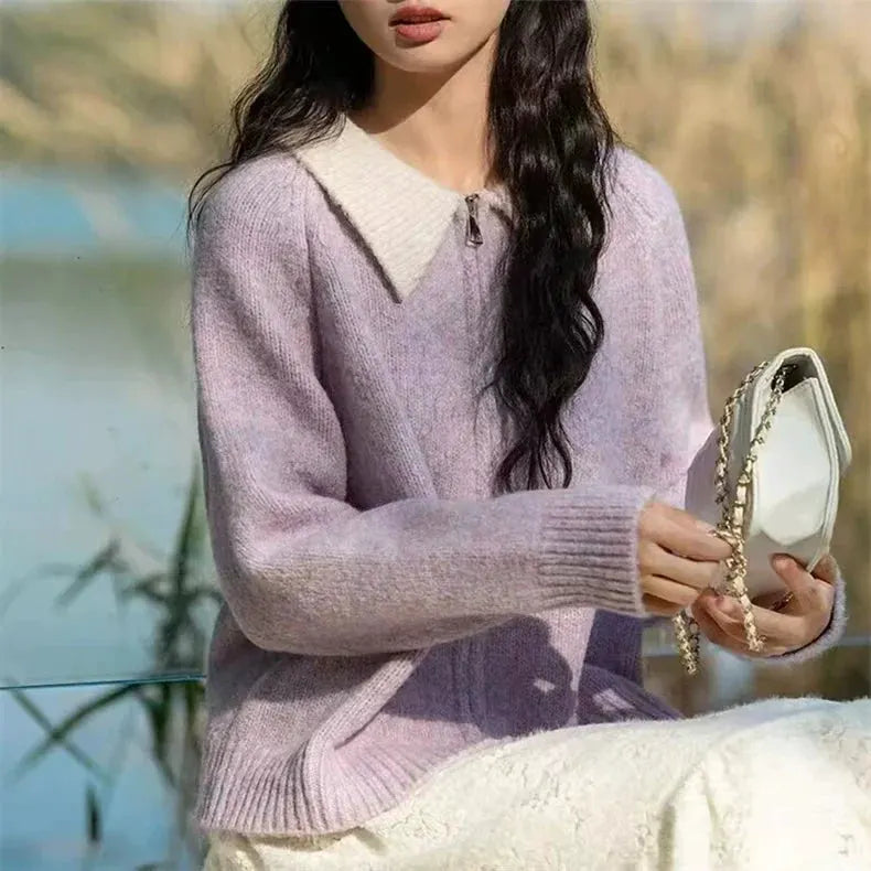 Color-blocked lapel 100% cashmere cardigan women's knitted sweater Loose sweater Wool sweater coat by Vimost Shop