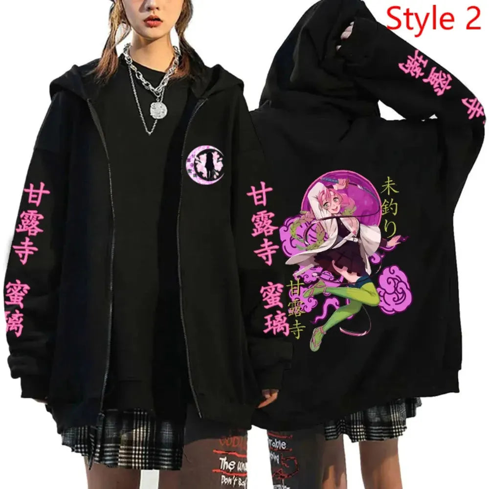 Anime Kanroji Mitsuri Print Hoodie Cartoon Zipper Pullover Long Sleeve Harajuku Sweatshirt by Vimost Shop