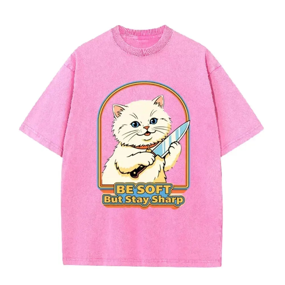 Vintage Washed Purple Be Soft But Stay Sharp Knife Cat Retro Casual Graphic T Shirt by Vimost Shop