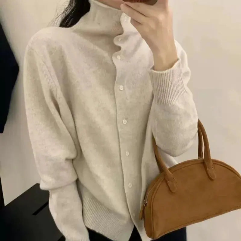 French-style high-neck 100 pure cashmere knitted cardigan for women's autumn and winter loose sweater with wool base coat by Vimost Shop