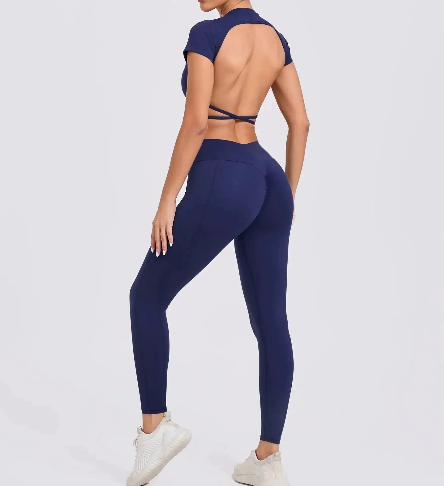 Cross Backless Sporty Set Women 2 Piece Sportswear Short Sleeve Training Suit for Fitness Yoga Wear Female Gym Workout Clothes by MAIDEN-ART