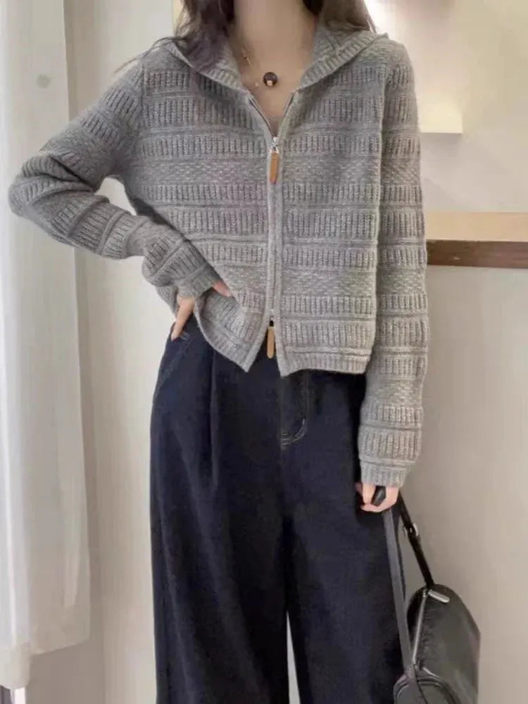 Autumn and Winter Thickened 100% Pure Wool Women's Hooded Knit Cardigan Loose Sweater Coat with Double Zippers Short Style by Vimost Shop