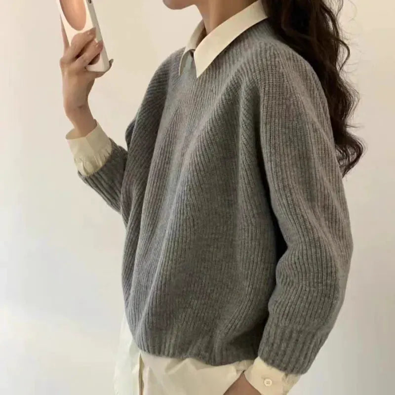 Half-open high-neck three-quarter sleeve cashmere sweater women loose cashmere sweater for autumn and winter thickened sweater by Vimost Shop