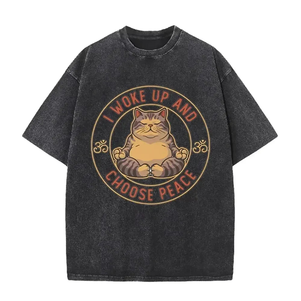 Retro Beige Zen Yoga Tabby Cat Om Symbol Acid Wash Oversized Streetwear Tee by Vimost Shop