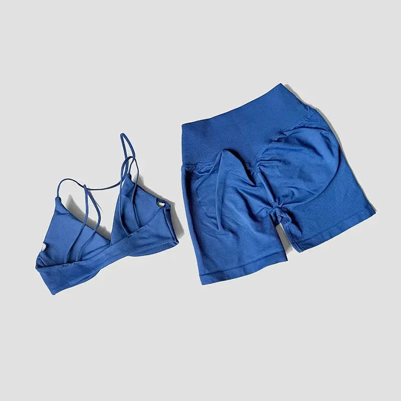 Women’s 2-Piece Gym Set – Strappy Twist Sports Bra & Cross Waist Ruched Shorts by Vimost Shop
