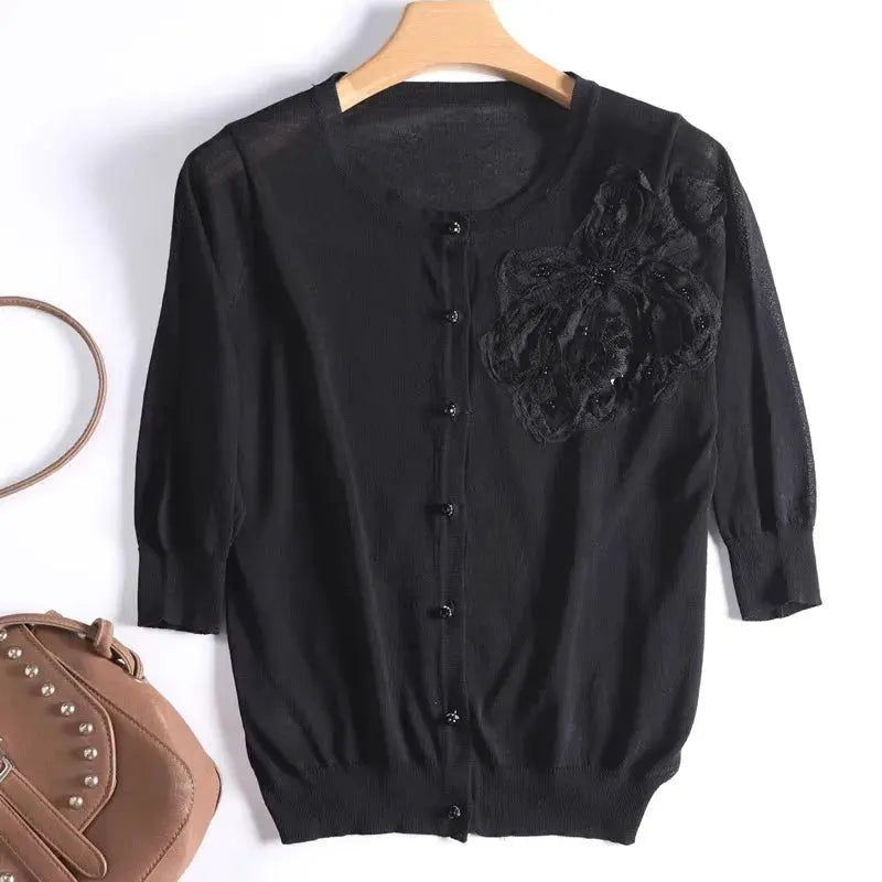 Knitted sunscreen cardigan female short heavy industry flower Korean version loose ice silk thin coat female by Vimost Shop