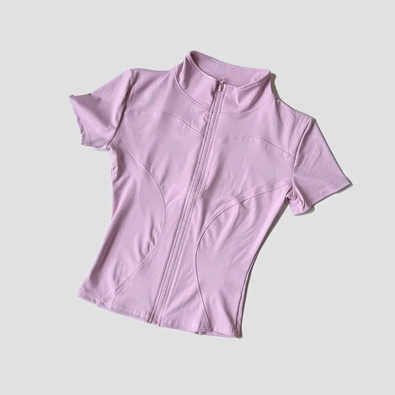 Women’s Slim Fit Short Sleeve Yoga Top with Stand Collar Zip Front by Vimost Shop