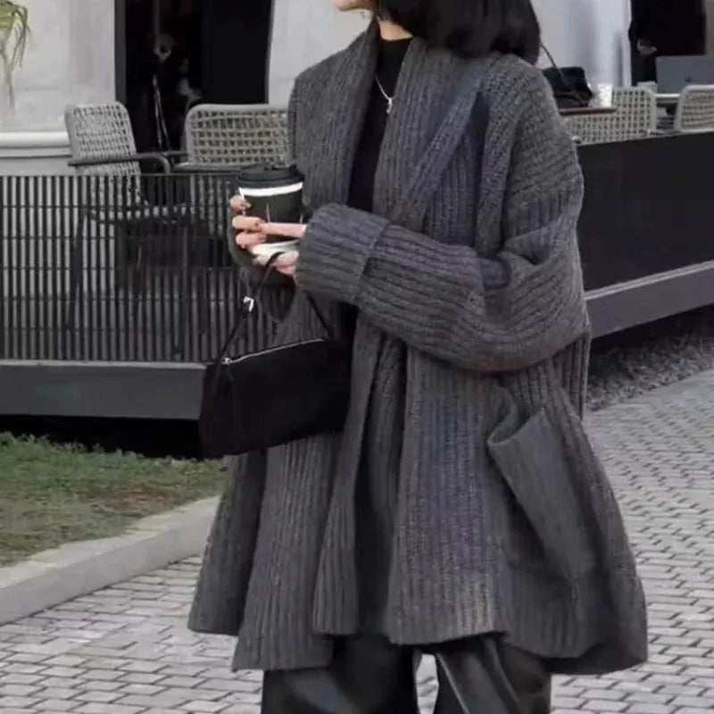 Autumn/Winter Thickened 100% Pure Wool Women's Turn-down Collar Knitted Cardigan Loose Sweater Coat Top Mid-long Length by Vimost Shop