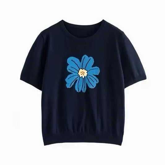 Stylish large-flower jacquard round-neck knitted short-sleeved women's loose ice silk T-shirt and thin top by Vimost Shop