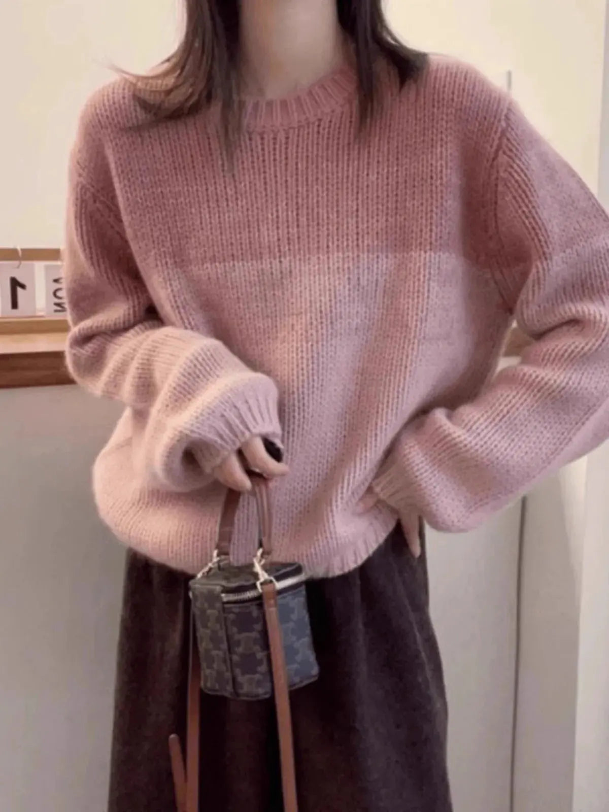 Crew-neck matching striped cashmere sweater women's long-sleeved autumn/winter loose wool base sweater by Vimost Shop