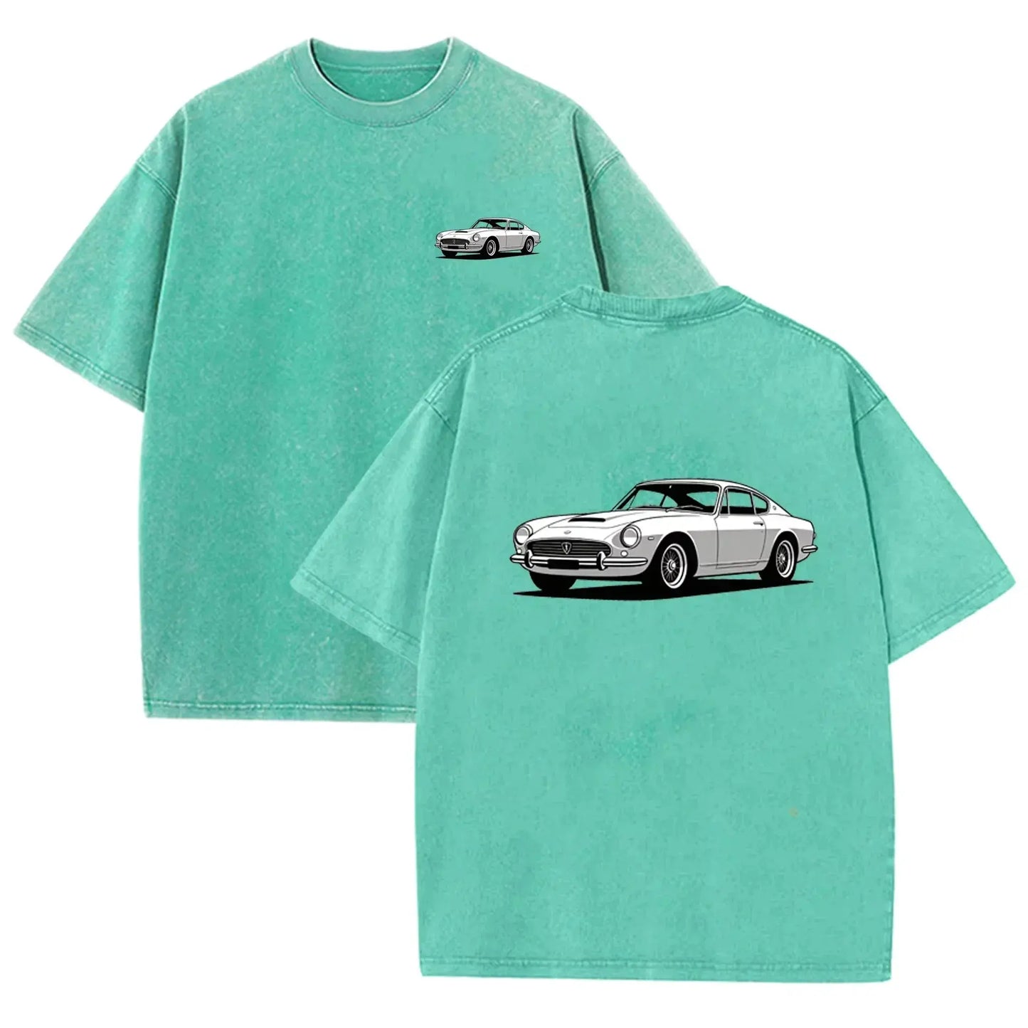 Teal Acid Wash Retro Vintage Coupe Car Print Classic Car Lover Casual Tee by Vimost Shop