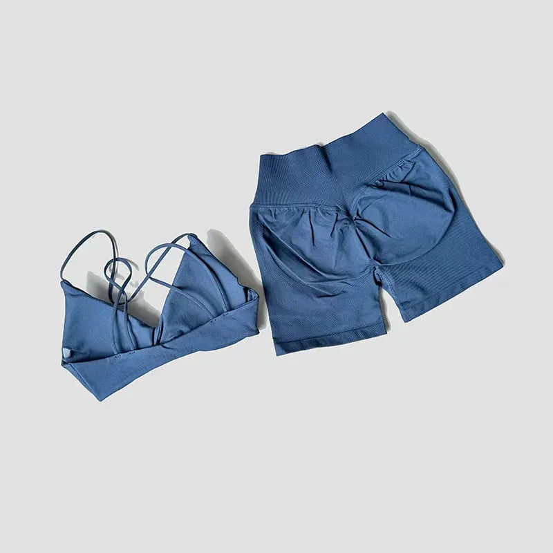Women’s 2-Piece Gym Set – Strappy Twist Sports Bra & Cross Waist Ruched Shorts by Vimost Shop