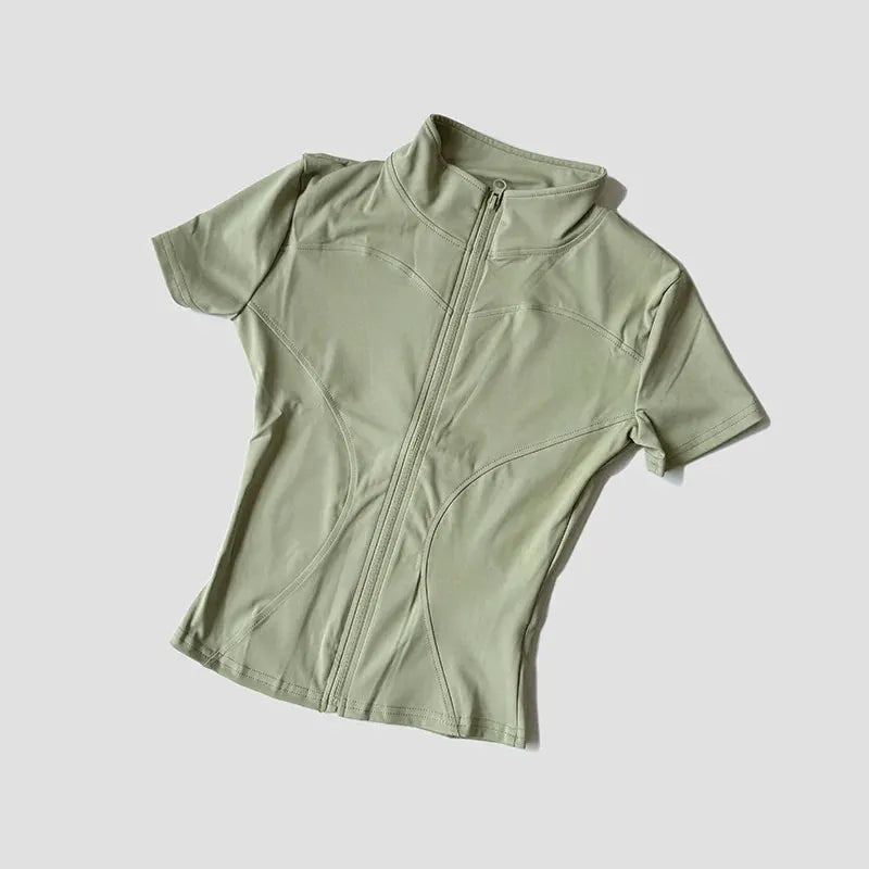 Women’s Slim Fit Short Sleeve Yoga Top with Stand Collar Zip Front by Vimost Shop