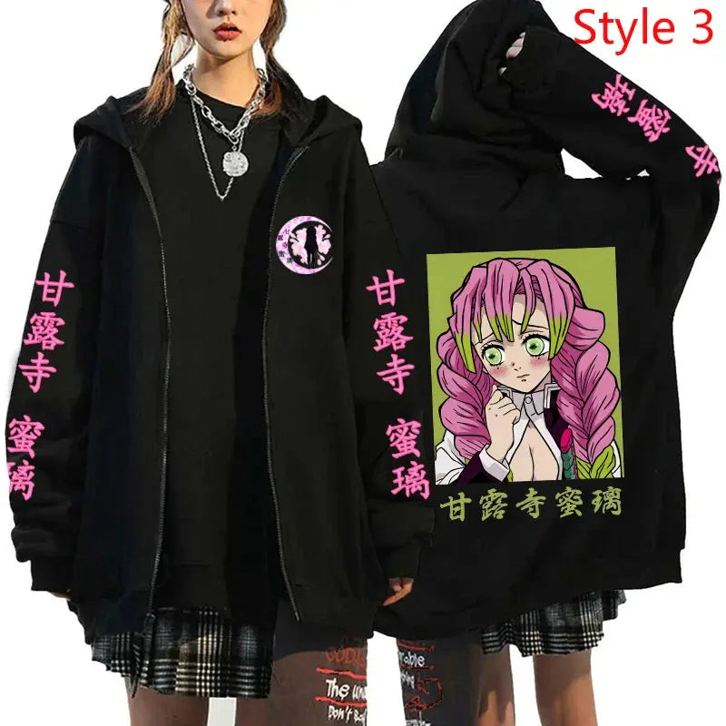 Anime Kanroji Mitsuri Print Hoodie Cartoon Zipper Pullover Long Sleeve Harajuku Sweatshirt by Vimost Shop