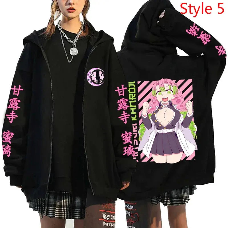 Anime Kanroji Mitsuri Print Hoodie Cartoon Zipper Pullover Long Sleeve Harajuku Sweatshirt by Vimost Shop