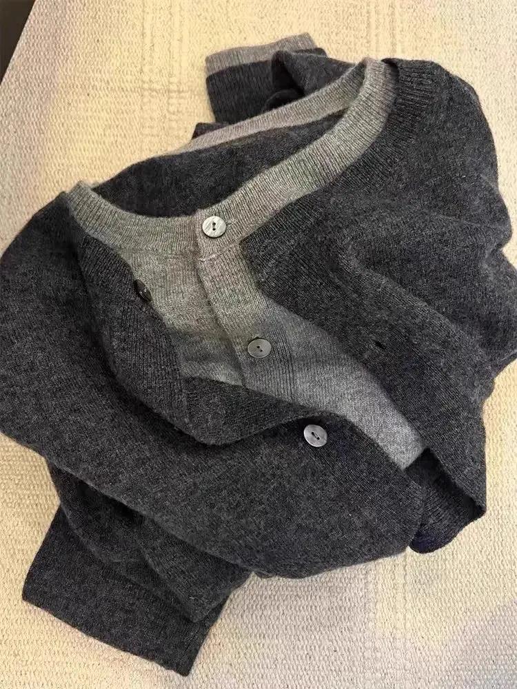 Fake two 100% pure cashmere sweater cardigan dark grey high-grade wool knit coat top by Vimost Shop