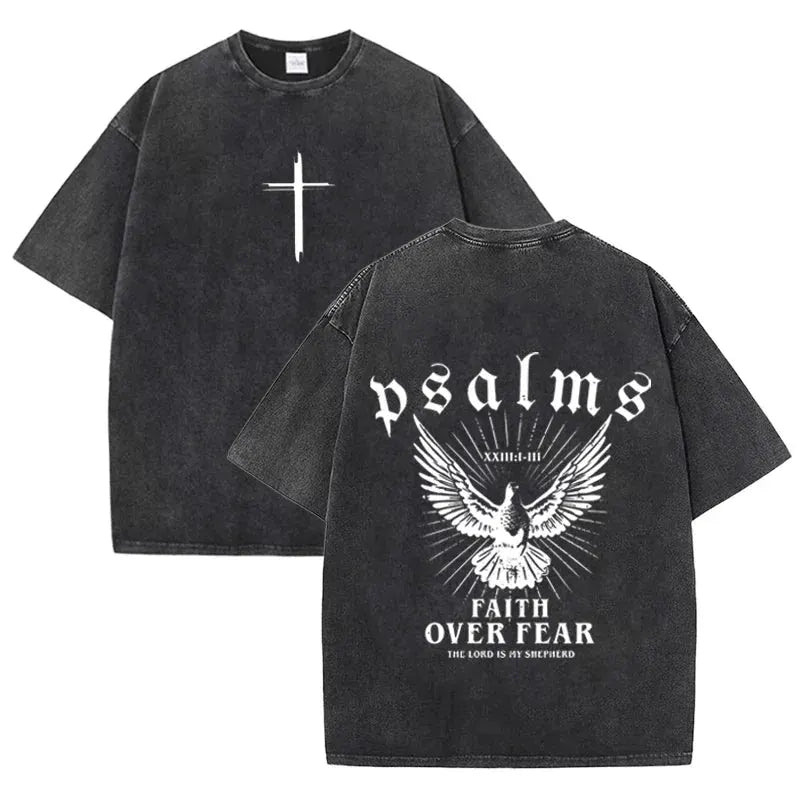 Retro Faith Over Fear T Shirt Psalms Dove Print Casual Washed Religious Streetwear by Vimost Shop