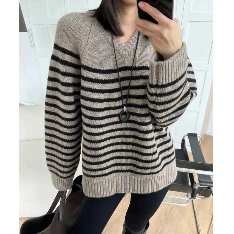 High-end V-neck striped 100% wool knitted sweater loose pullover sweater women wool base layer by Vimost Shop