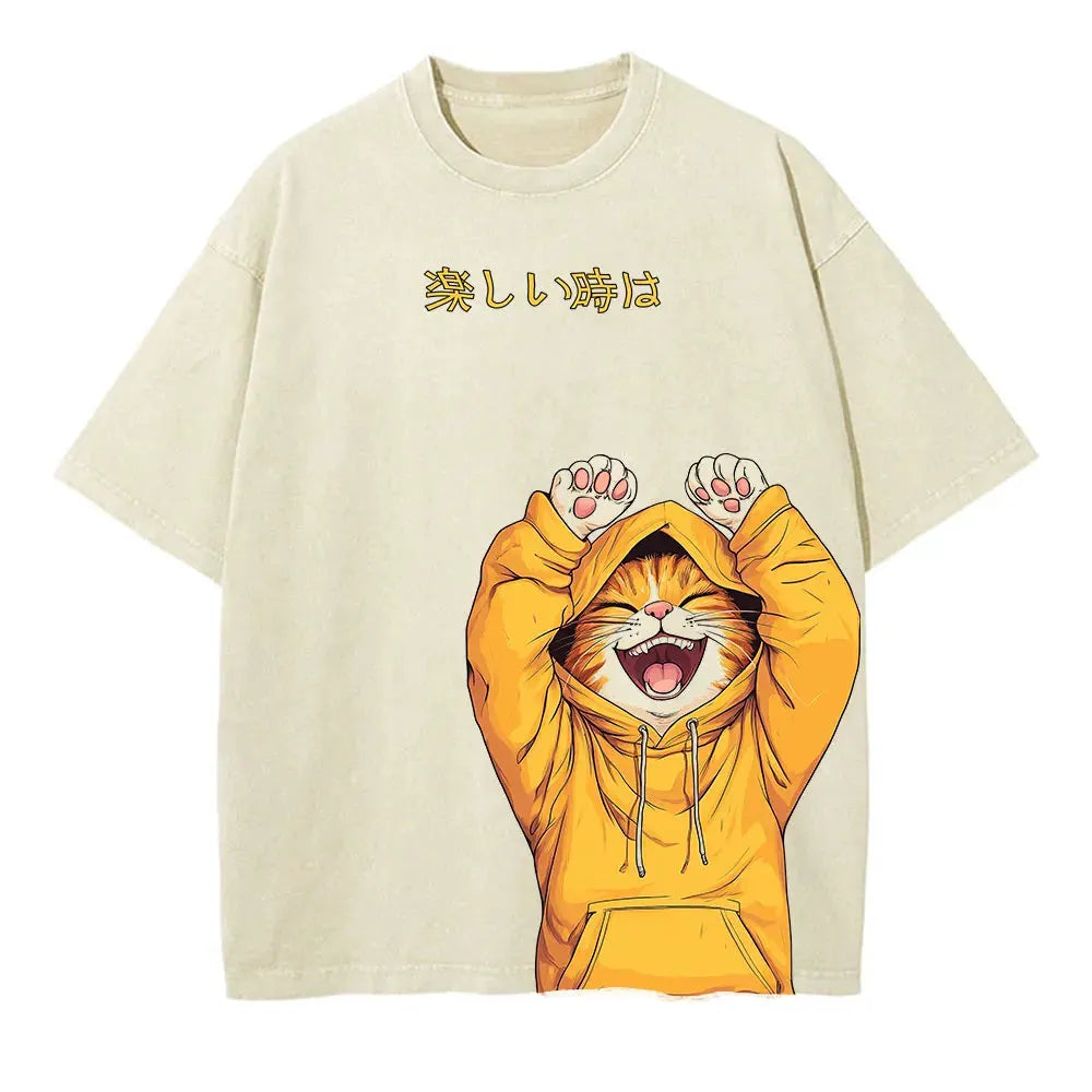 Funny Cat Print Oversized Hip Hop T-Shirt by Vimost Shop