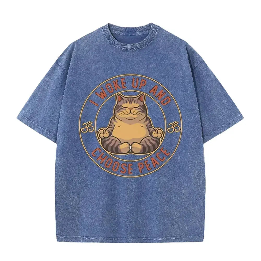 Retro Beige Zen Yoga Tabby Cat Om Symbol Acid Wash Oversized Streetwear Tee by Vimost Shop