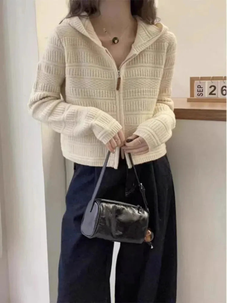 Autumn and Winter Thickened 100% Pure Wool Women's Hooded Knit Cardigan Loose Sweater Coat with Double Zippers Short Style by Vimost Shop