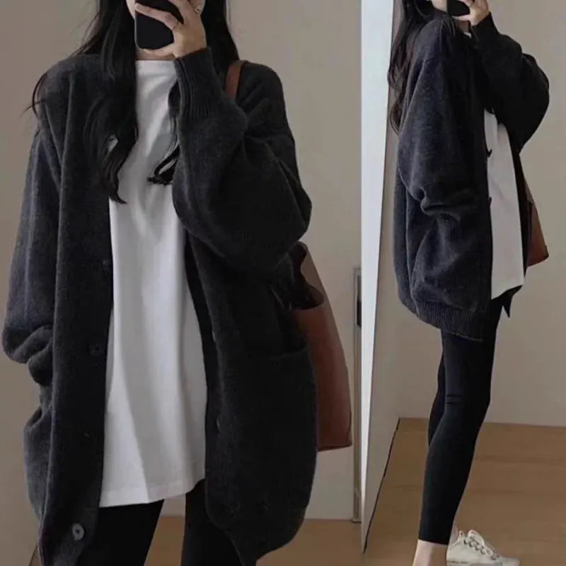 Elegant Versatile Round Neck Women's Autumn/Winter Loose Long-line Base Layer Sweater Wool Coat & Cashmere Knitted Cardigan by Vimost Shop