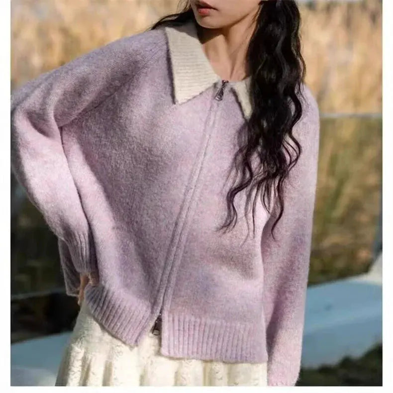 Color-blocked lapel 100% cashmere cardigan women's knitted sweater Loose sweater Wool sweater coat by Vimost Shop