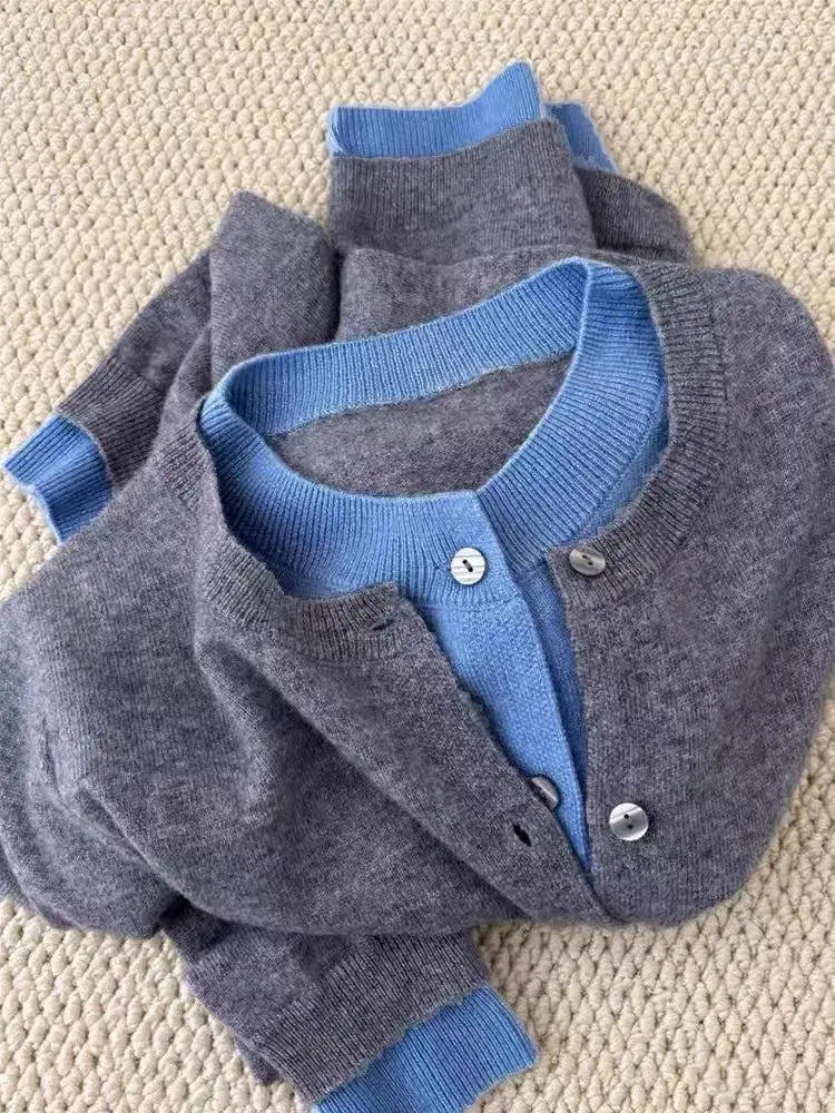 Fake two 100% pure cashmere sweater cardigan dark grey high-grade wool knit coat top by Vimost Shop