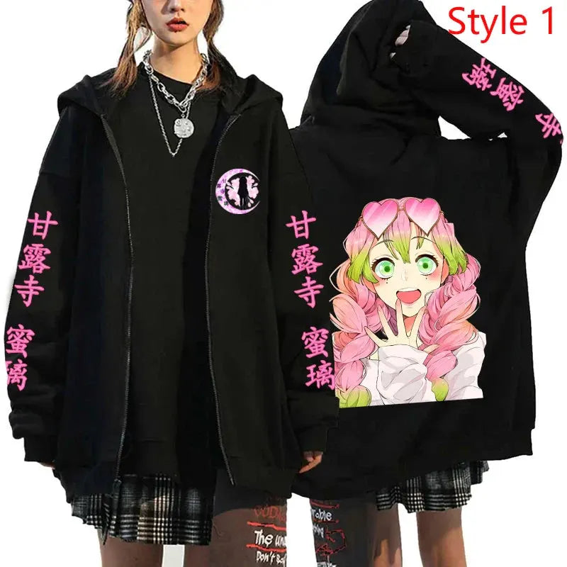 Anime Kanroji Mitsuri Print Hoodie Cartoon Zipper Pullover Long Sleeve Harajuku Sweatshirt by Vimost Shop