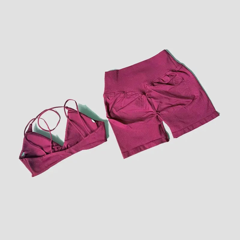 Women’s 2-Piece Gym Set – Strappy Twist Sports Bra & Cross Waist Ruched Shorts by Vimost Shop