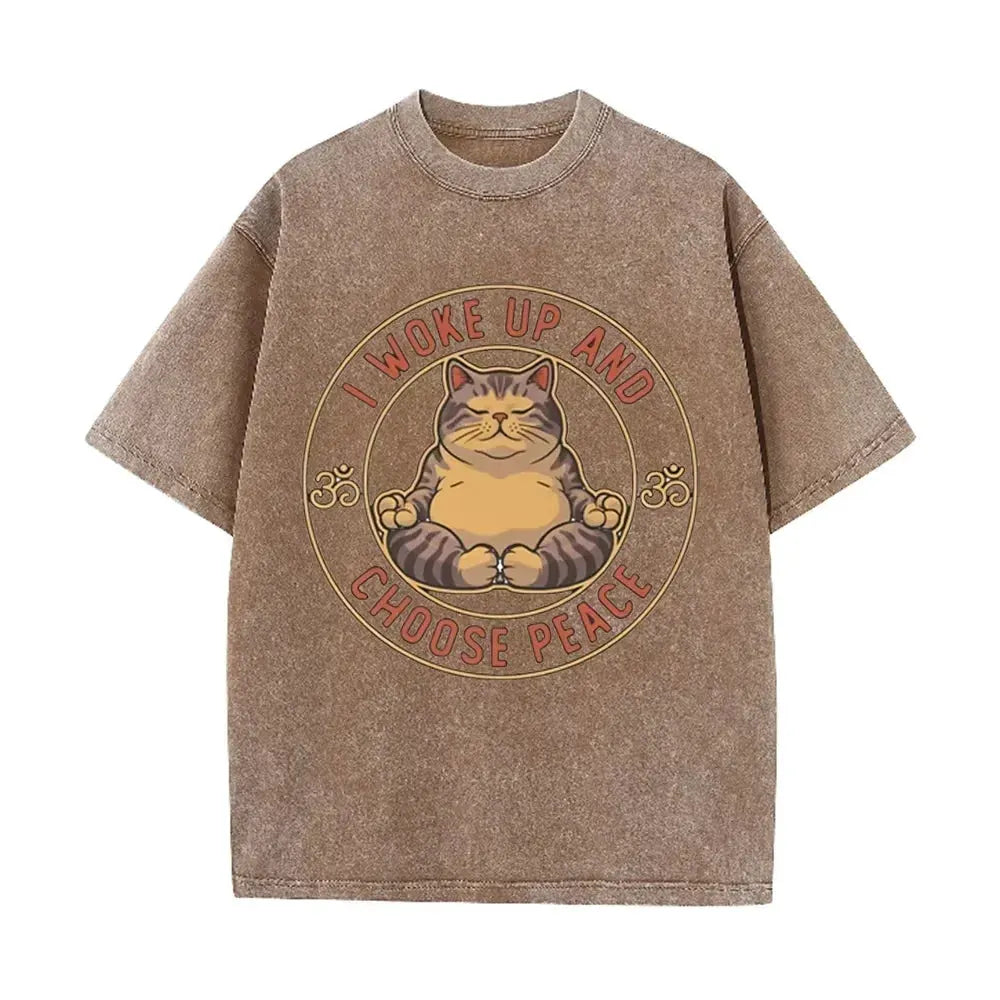 Retro Beige Zen Yoga Tabby Cat Om Symbol Acid Wash Oversized Streetwear Tee by Vimost Shop
