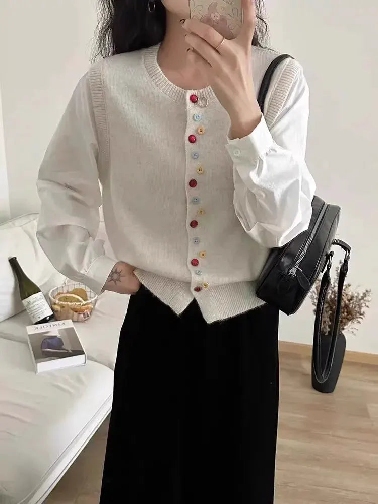 European goods color button cashmere knit vest cardigan women spring and autumn new round neck sleeveless sweater vest by Vimost Shop