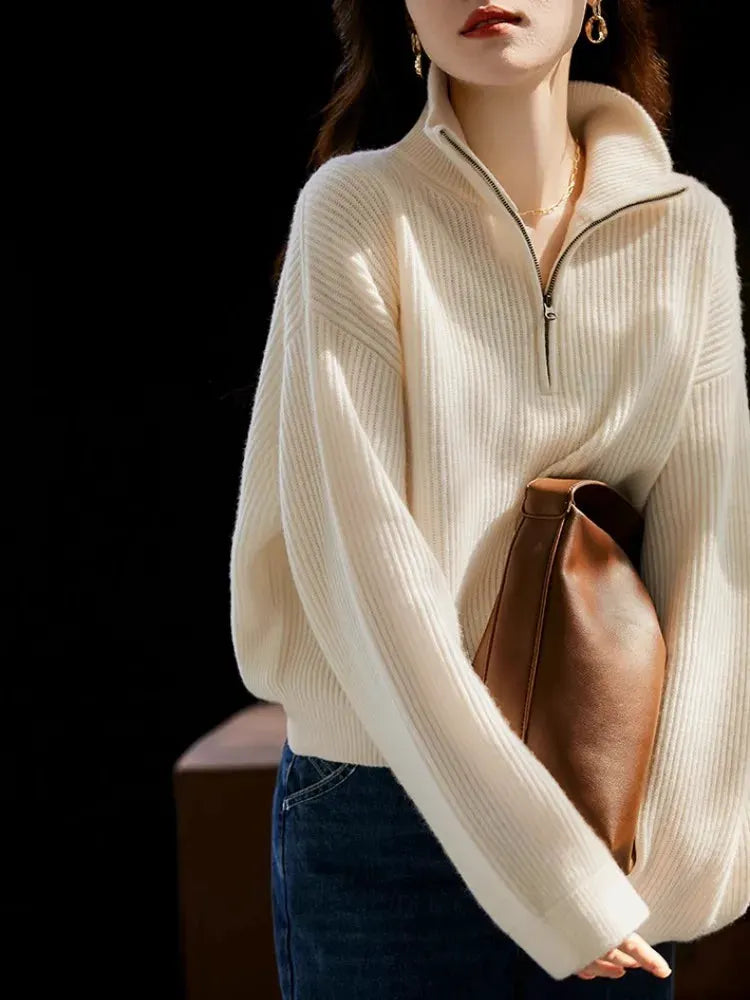 100% pure cashmere sweater women's half zip stand collar thick loose lapel pullover sweater by Vimost Shop