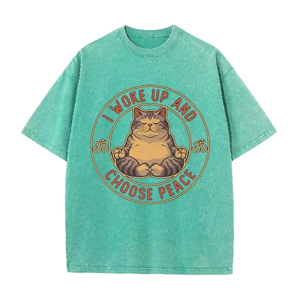 Retro Beige Zen Yoga Tabby Cat Om Symbol Acid Wash Oversized Streetwear Tee by Vimost Shop