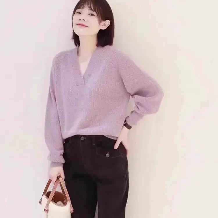 V-neck pure cashmere sweater women autumn and winter loose and versatile knitted sweater short wool base layer by Vimost Shop