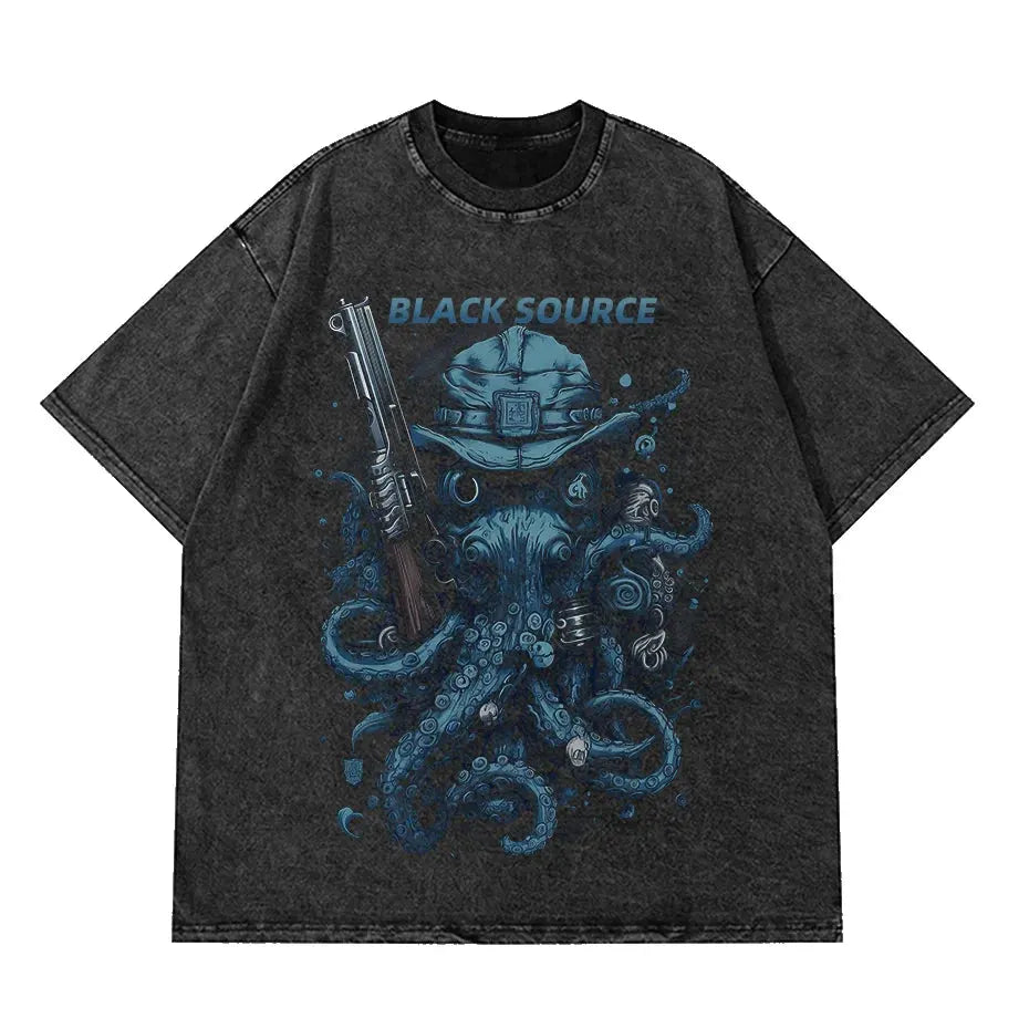 Anime Octopus Vintage Wash Harajuku T-Shirt Japanese Style Unisex by Vimost Shop