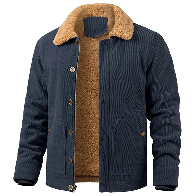 Men's Winter Corduroy Jacket Warm Fleece Lined Cargo Work Coat Casual Thick Sherpa Collar Trucker Deck Navy Jackets by Vimost Shop